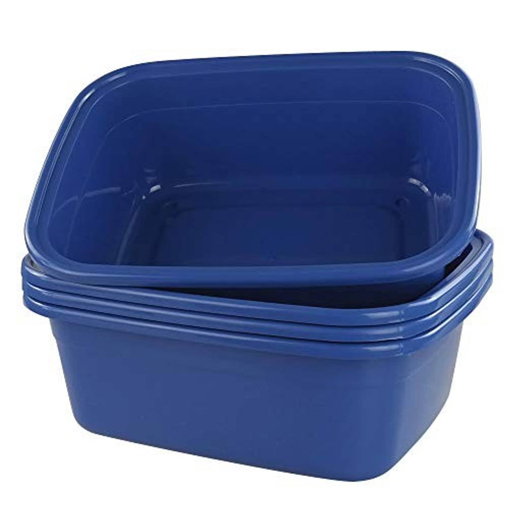 Stacked blue plastic washing basins with open top showing deep interior