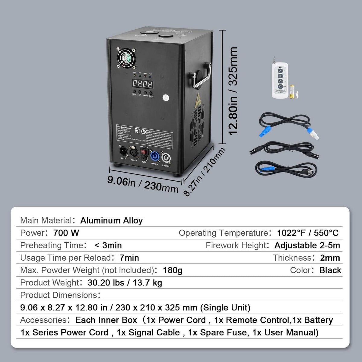 Black cold spark machine with accessory cables and size specifications