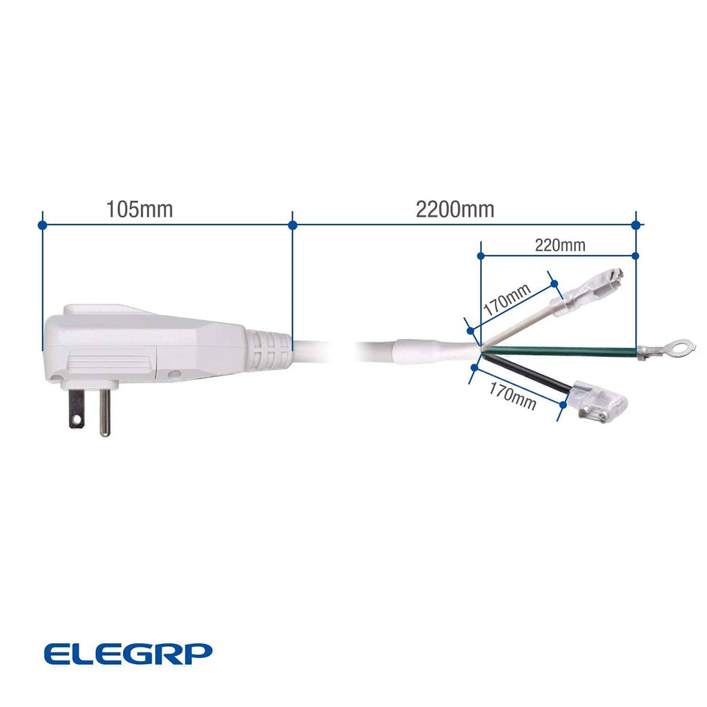White LCDI power cord with 3-prong plug and measured length (2200mm)