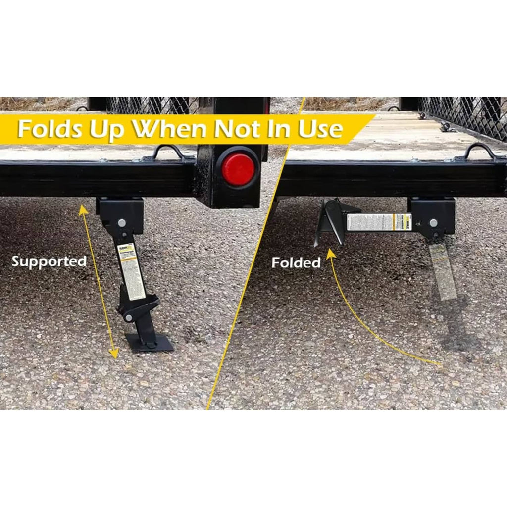 Black swing-down trailer stabilizer jack folded up under the trailer frame