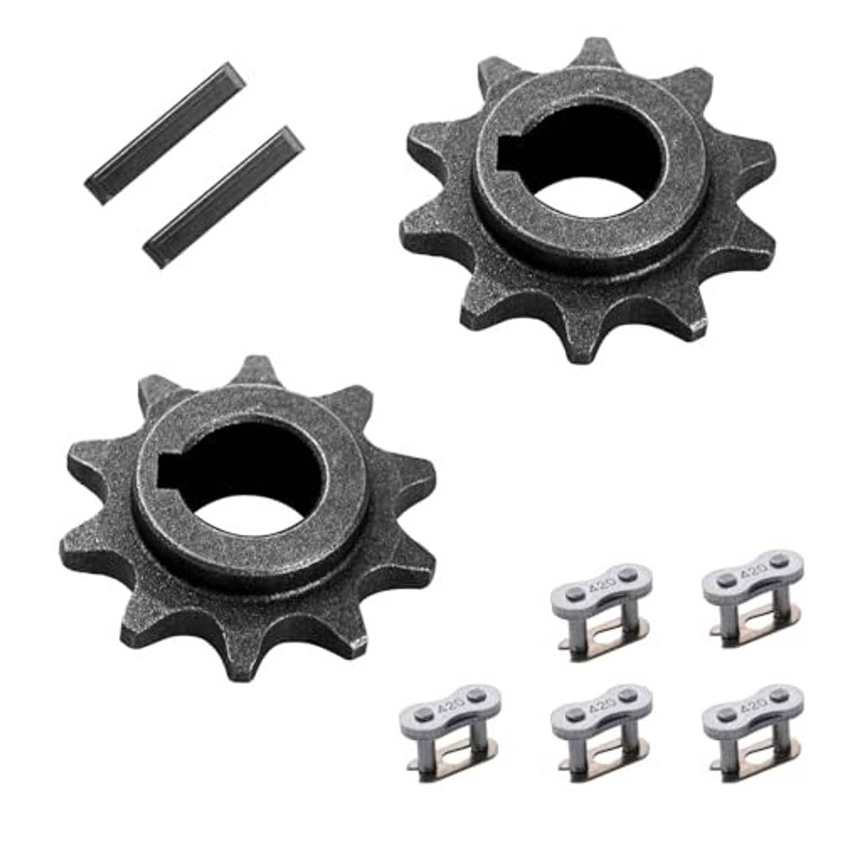 Two-pack 10-tooth chain front sprocket gears, dark gray steel, angled views