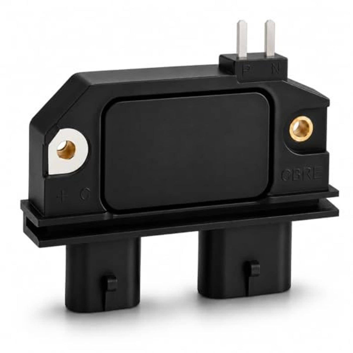 Black automotive ignition control module with dual prongs and side gold terminal