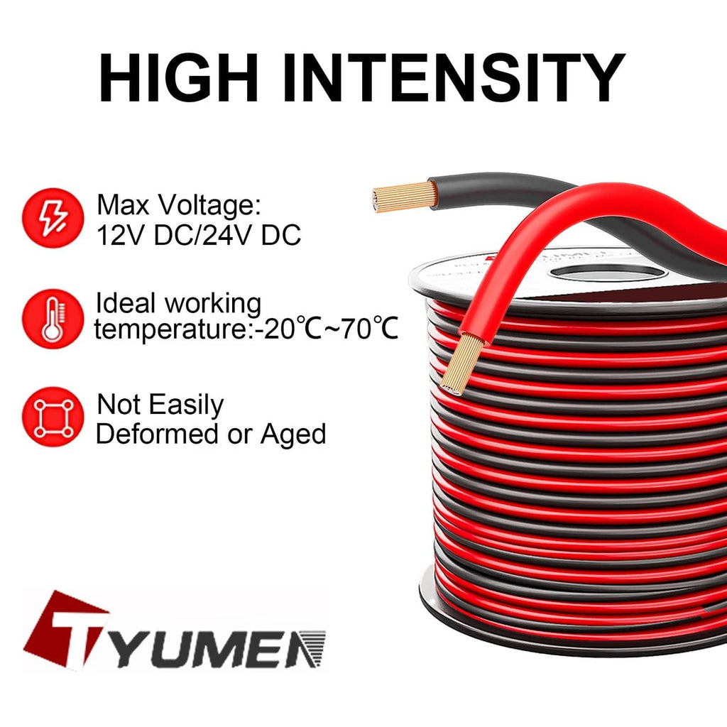 Red and black coiled hookup wire with voltage and temperature rating icons