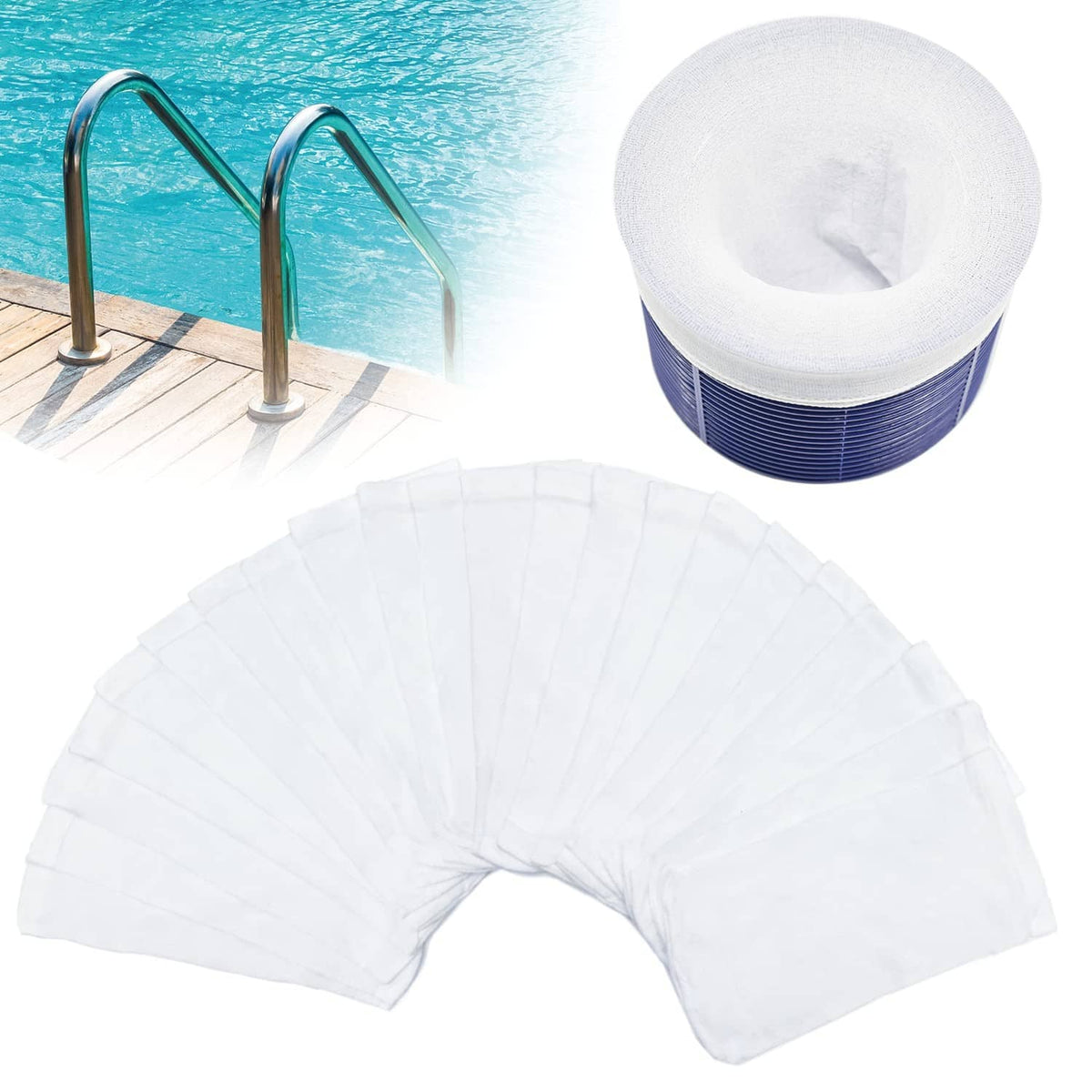 White nylon pool skimmer sock, folded filter bag set