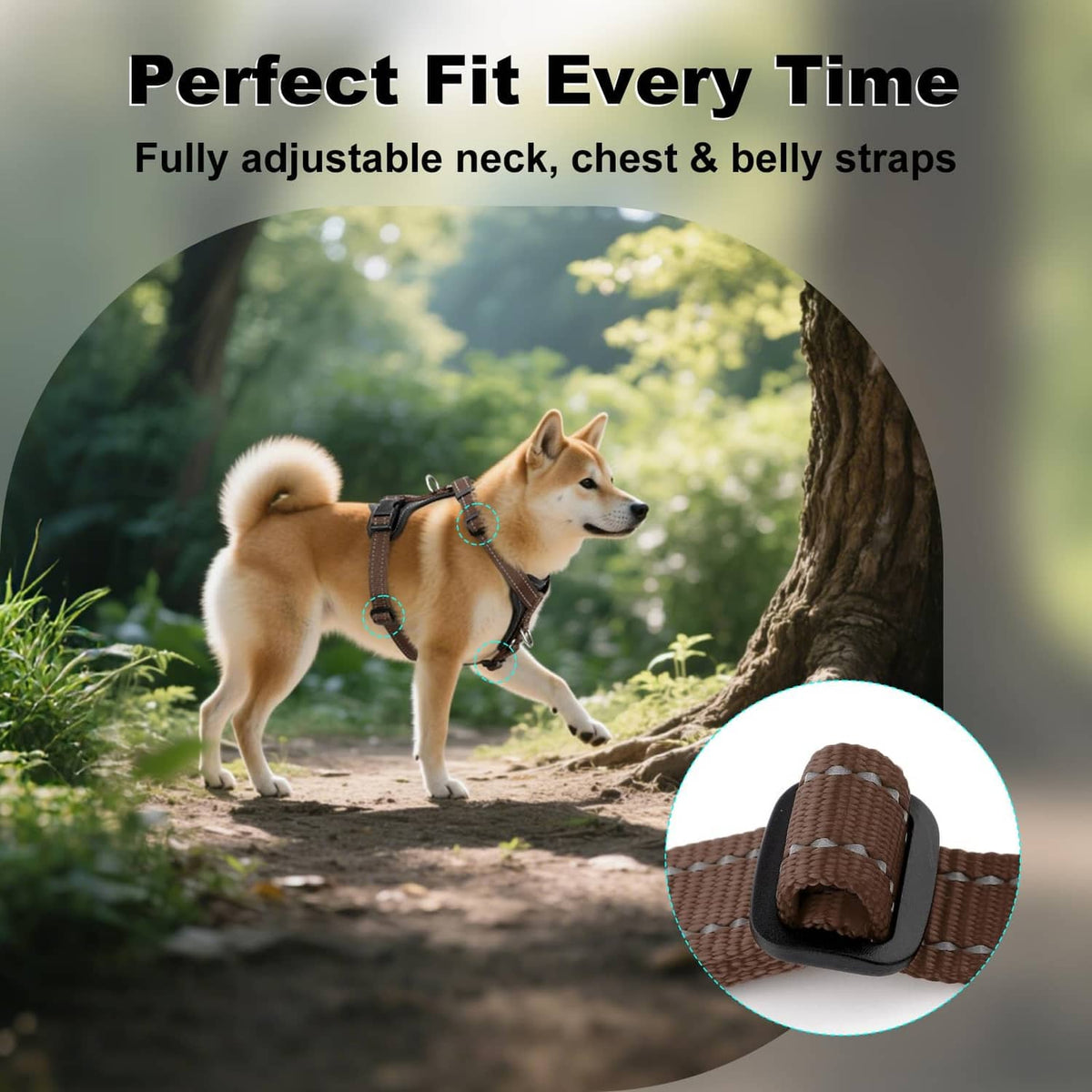 Brown fully adjustable dog harness with neck, chest, and belly straps plus leather patch