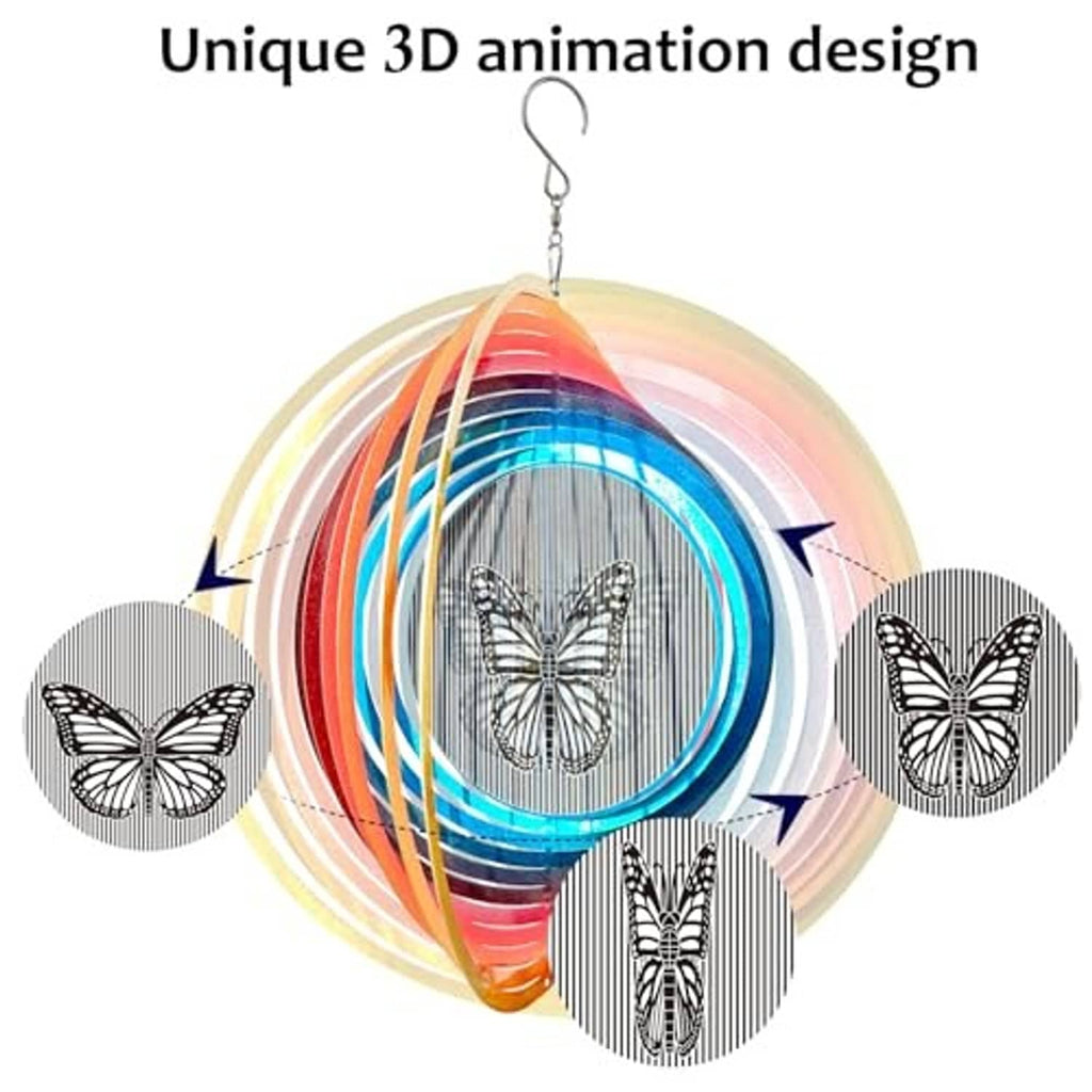 Rainbow 3D teardrop wind spinner with concentric ring design and butterfly medallion