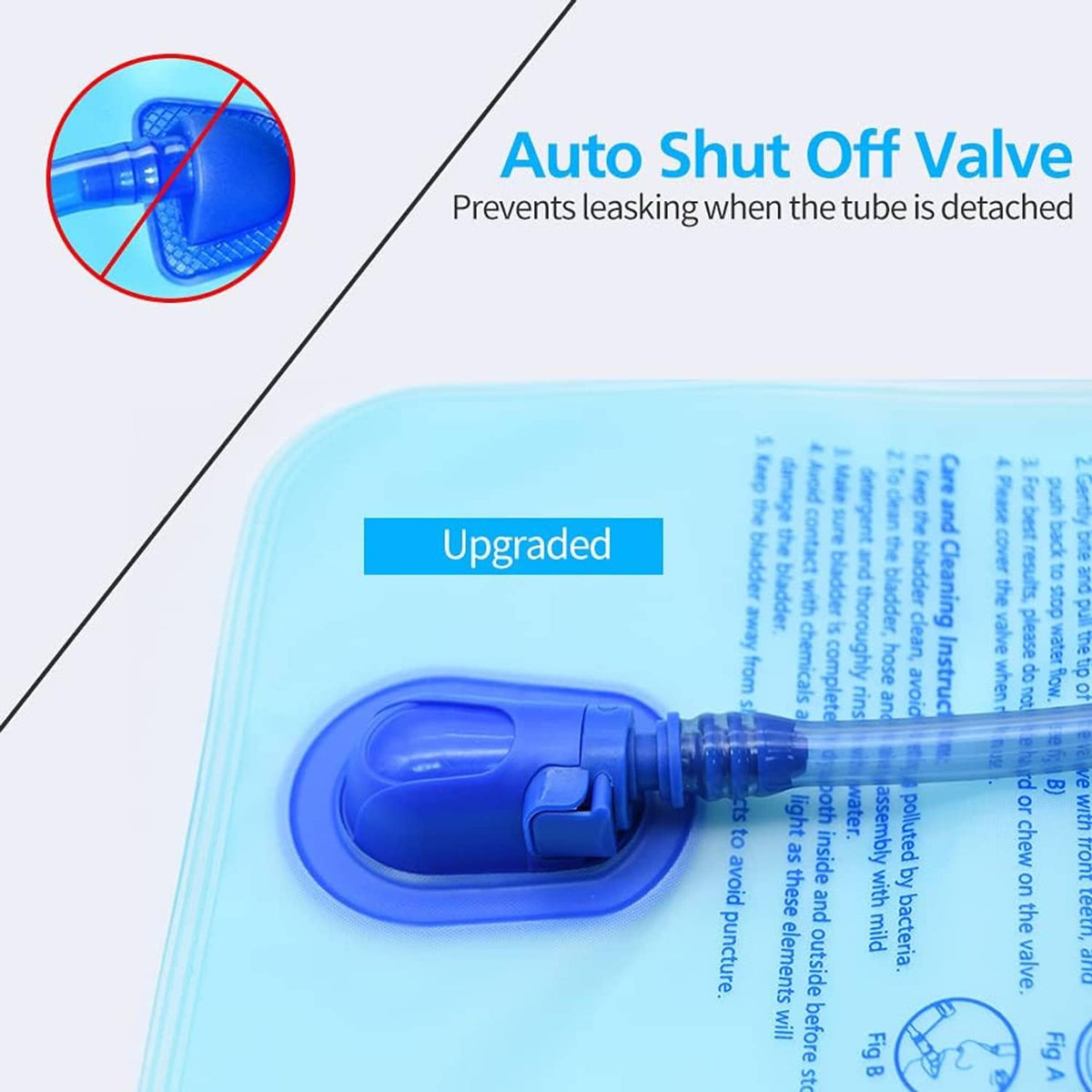 Blue hydration bladder valve area with attached drinking tube and shut-off style design