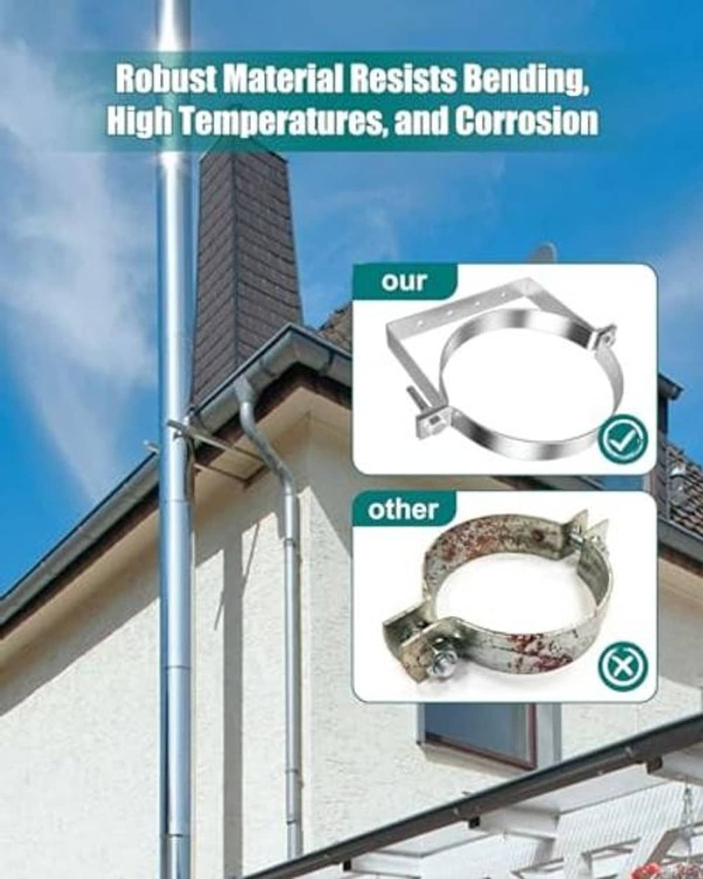 Metal rigid split-ring pipe hanger bracket for vent pipe, corrosion-resistant style