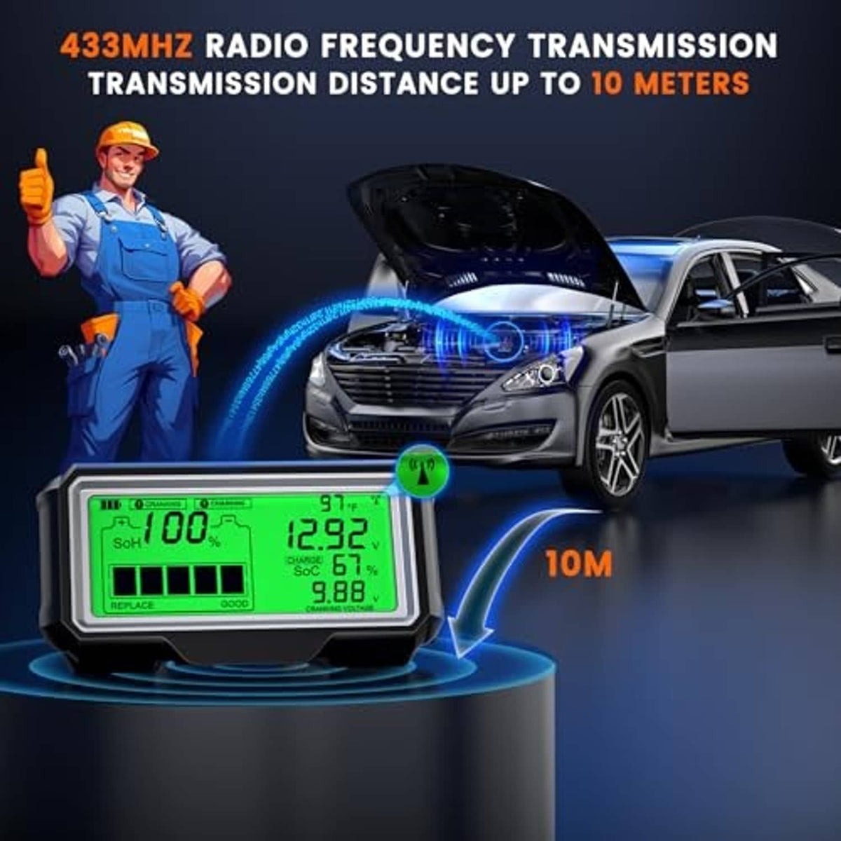 Compact car battery monitor with LCD screen on dashboard-style pedestal