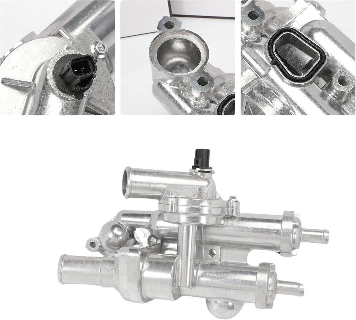 Thermostat housing assembly detail, metal body with electrical connector and valve