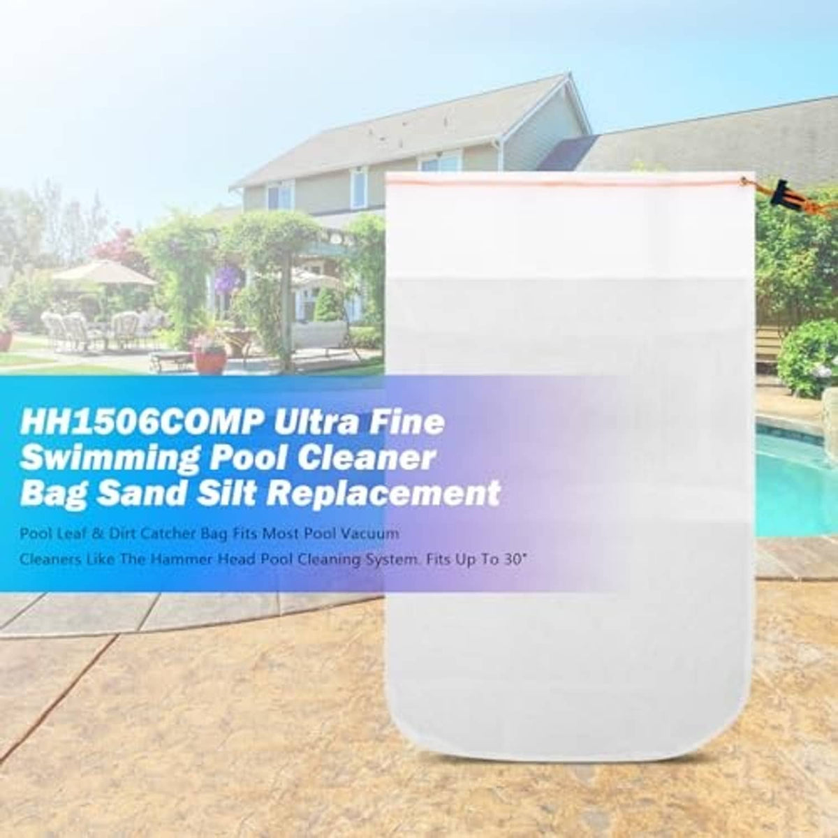 White fine mesh replacement bag for pool cleaner with orange drawstring, standing