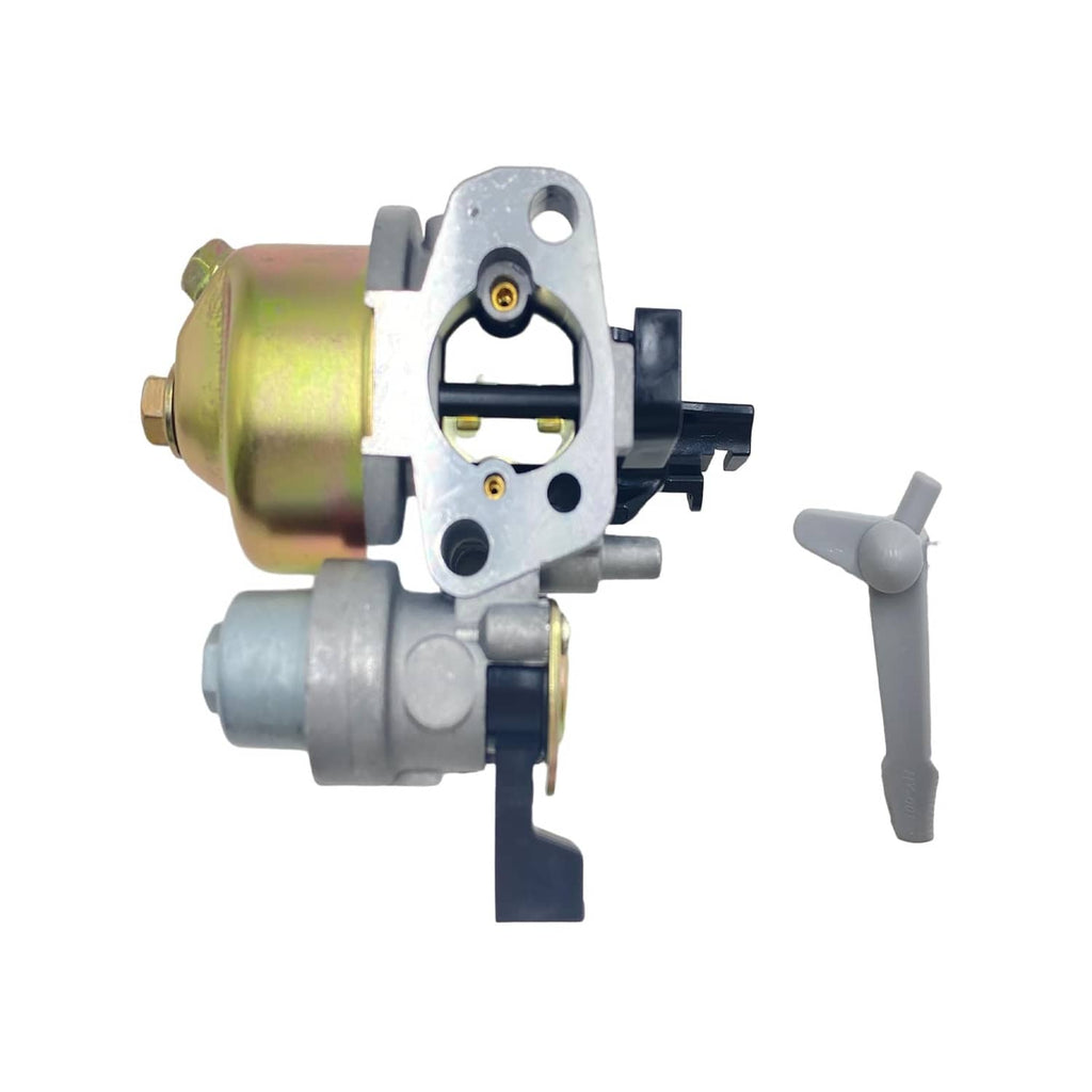 Carburetor with rubber choke lever and yellow fuel bowl, side view