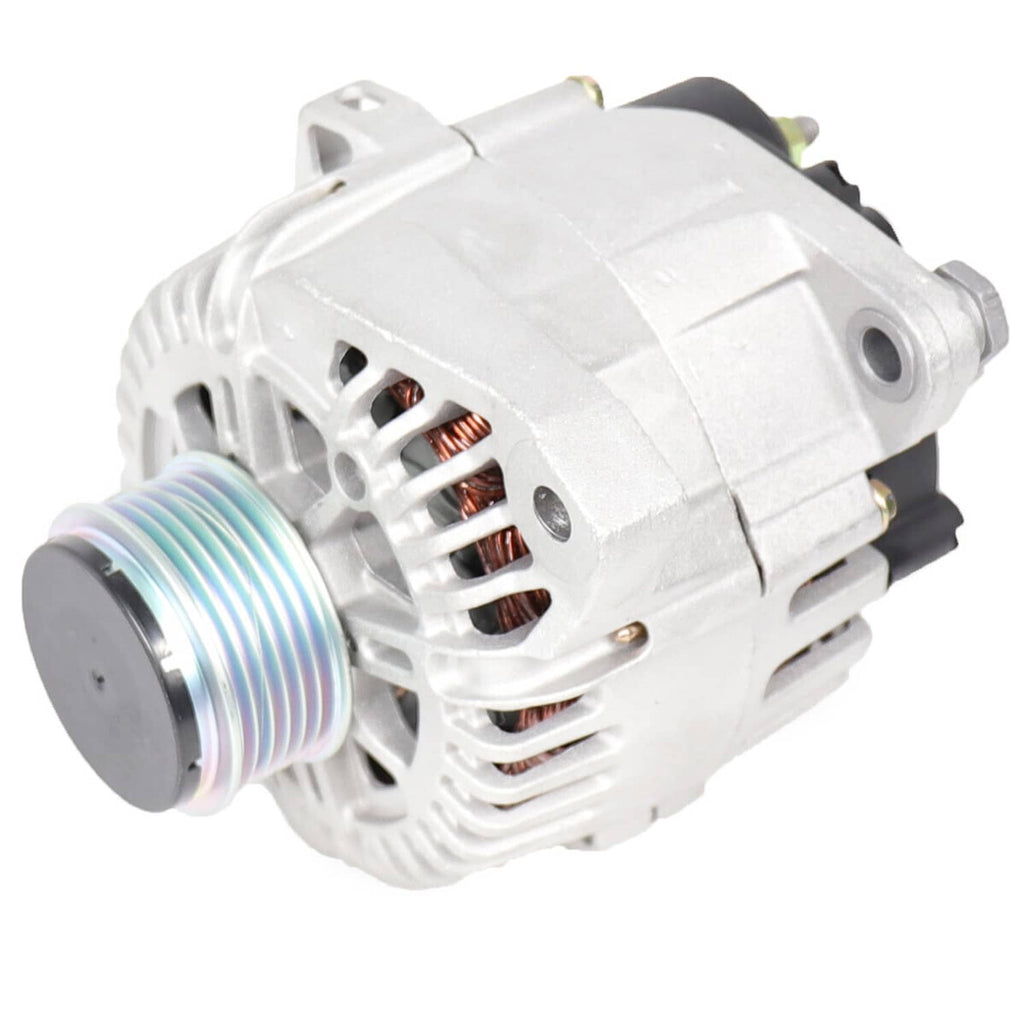 Alternator with front pulley and silver casing, copper windings visible through vents