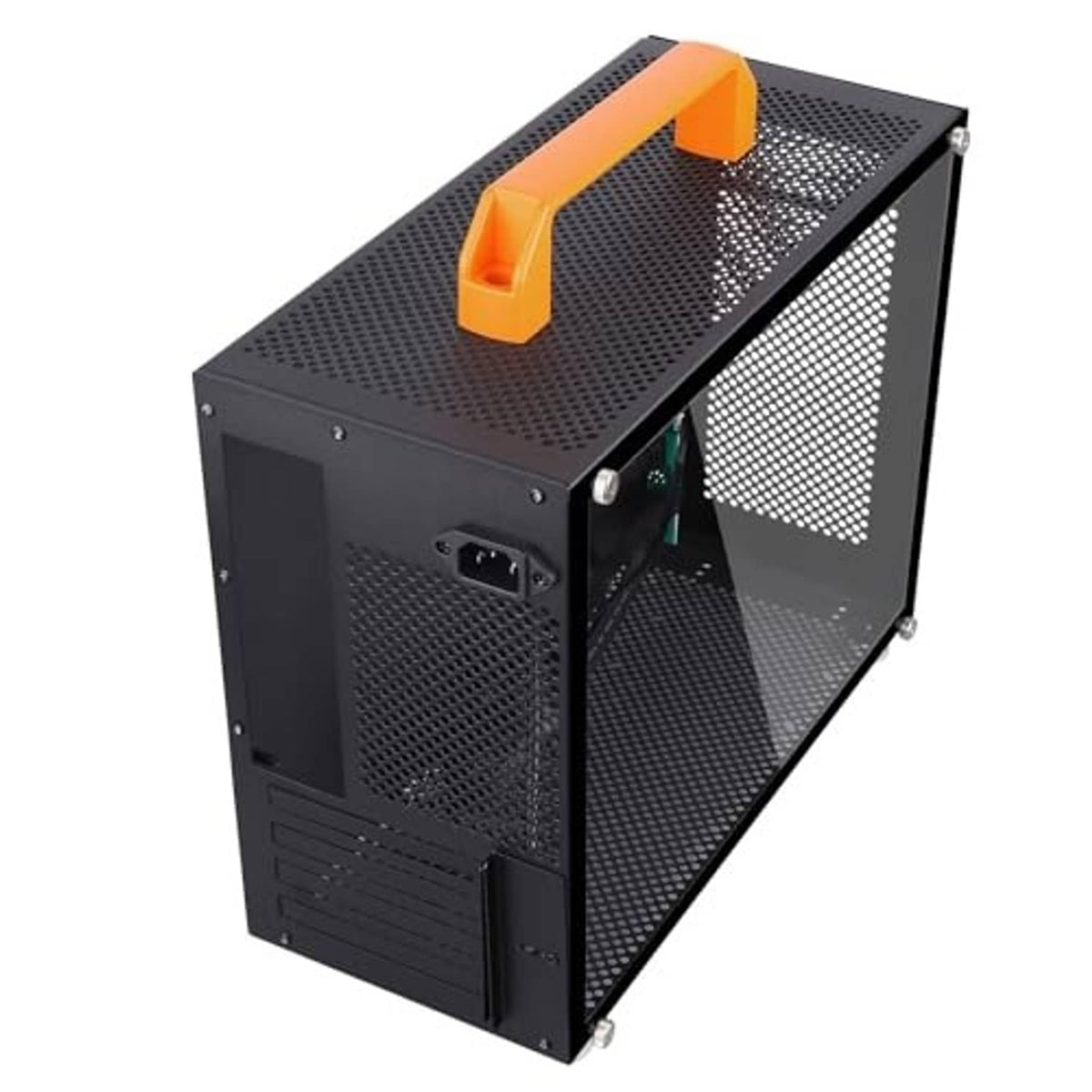SFF mini-tower PC case angled side view with vented mesh panels and orange handle