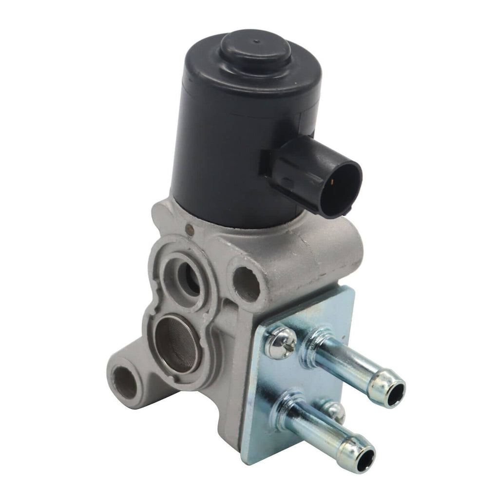 Idle air control valve with black housing, silver body, and two metal mounting ports