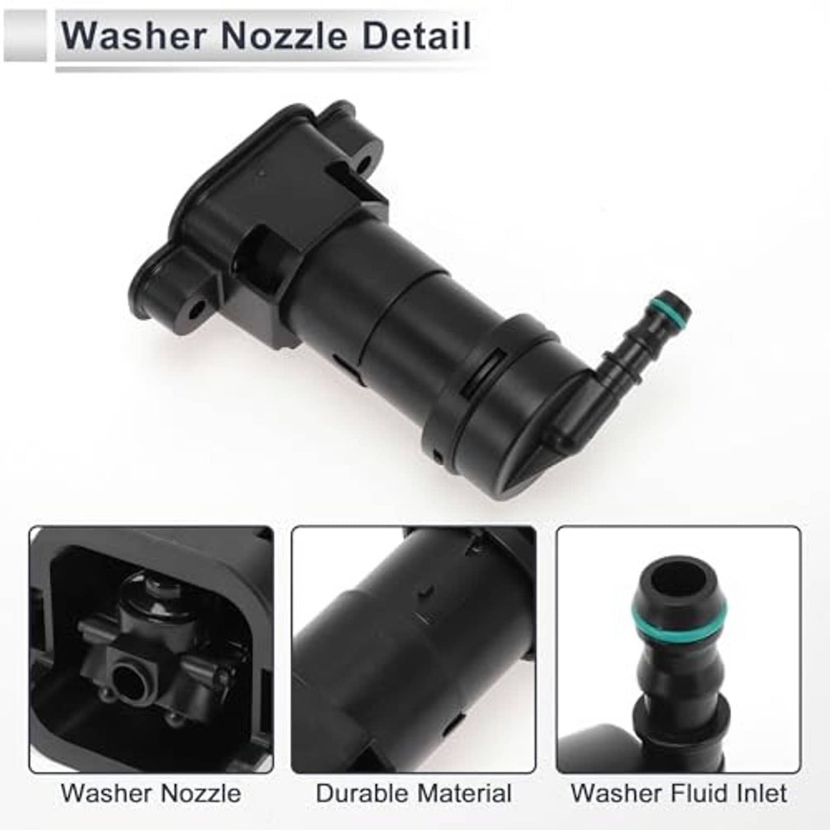 Headlight washer nozzle detail, black body with green fluid inlet connector