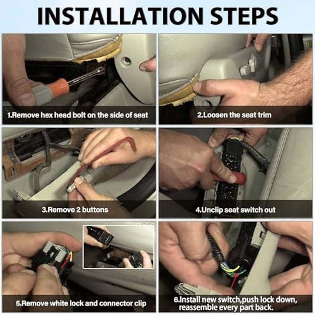 Power seat switch installation steps showing connector and switch removal