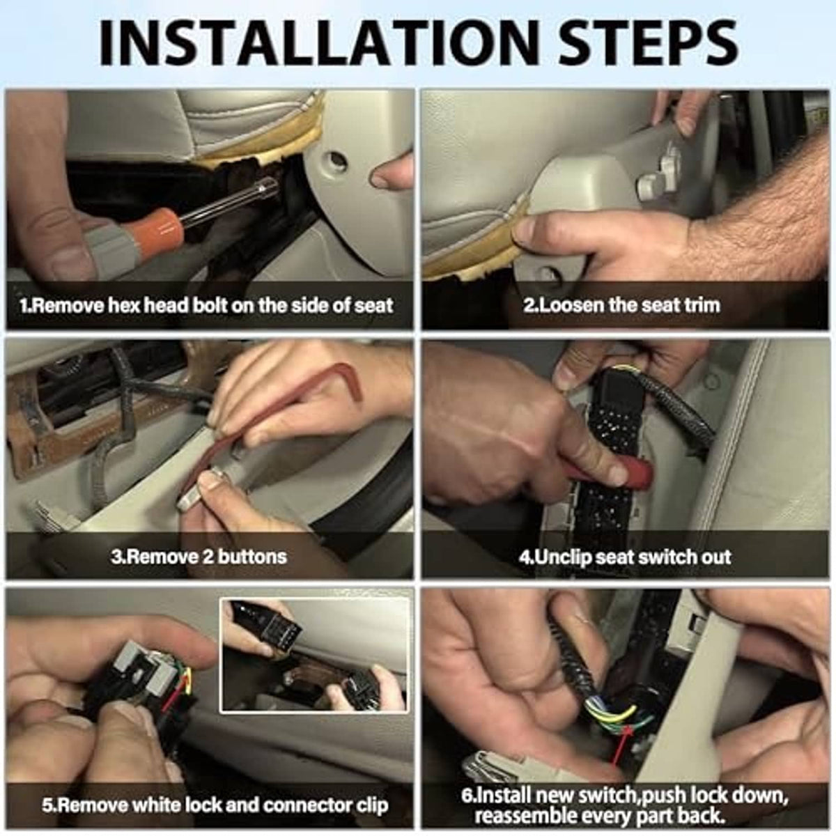 Power seat switch installation steps showing connector and switch removal