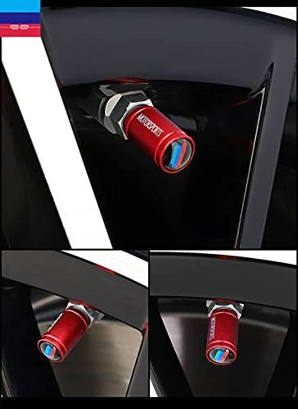 Red valve stem cap close-up on wheel trim with blue stripe opening