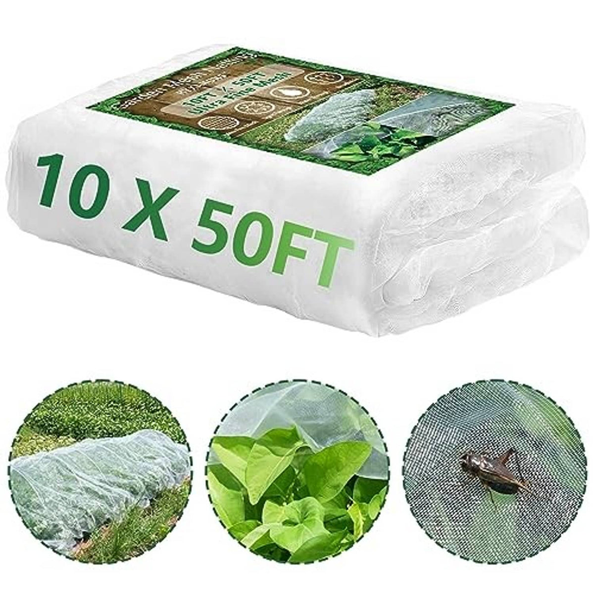 White garden mesh netting pest barrier package with close-up inset views