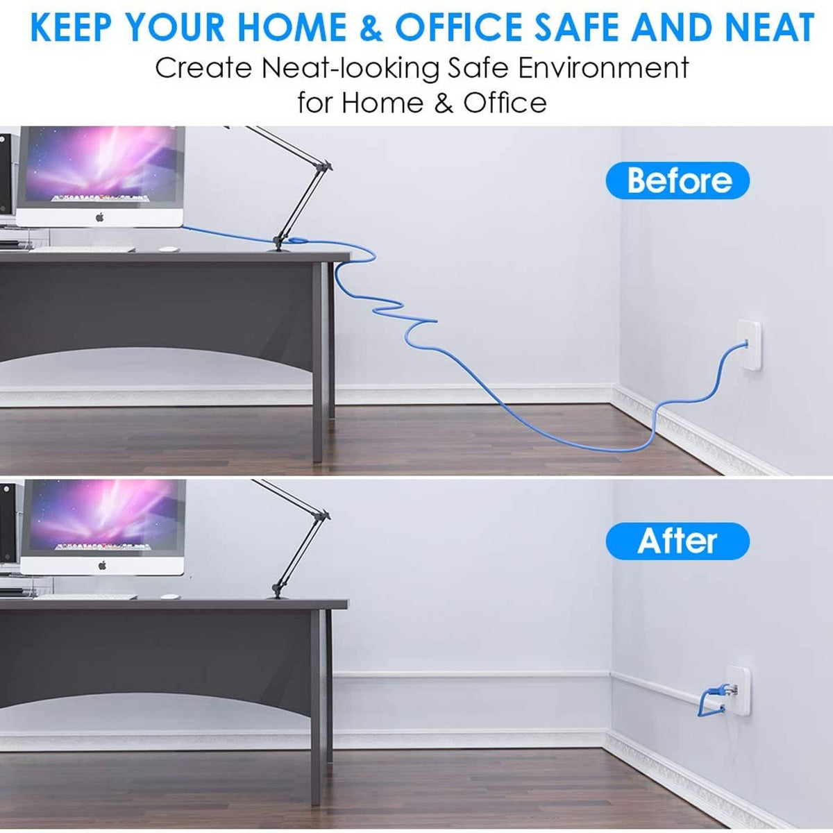 White cord hider raceway route along wall and desk edge to hide computer cords