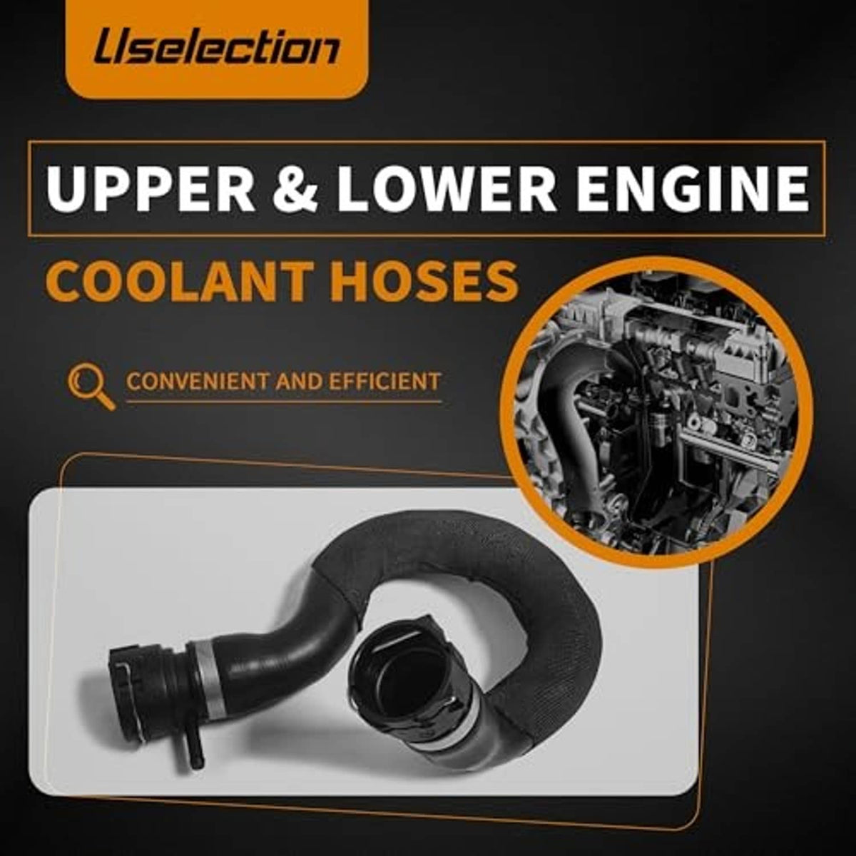 Black radiator coolant hose with molded bend and socket-style connector.