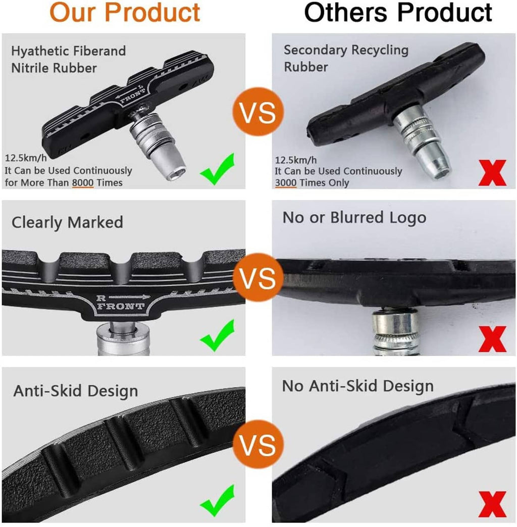 Black V-brake brake pads with mounting pins on comparison graphic