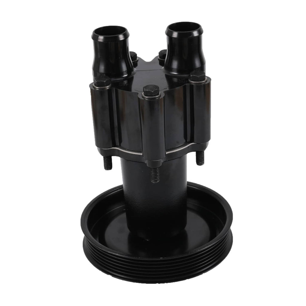 Black raw water pump and pulley assembly with two side outlet tubes