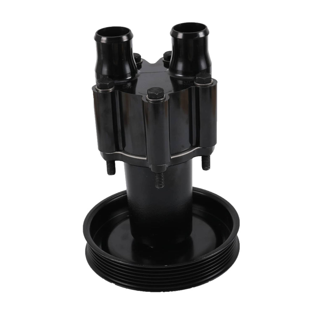 Black raw water pump and pulley assembly with two side outlet tubes