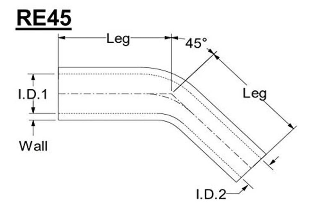 Reinforced hose elbow size diagram showing RE45, 45° angle, leg and I.D.