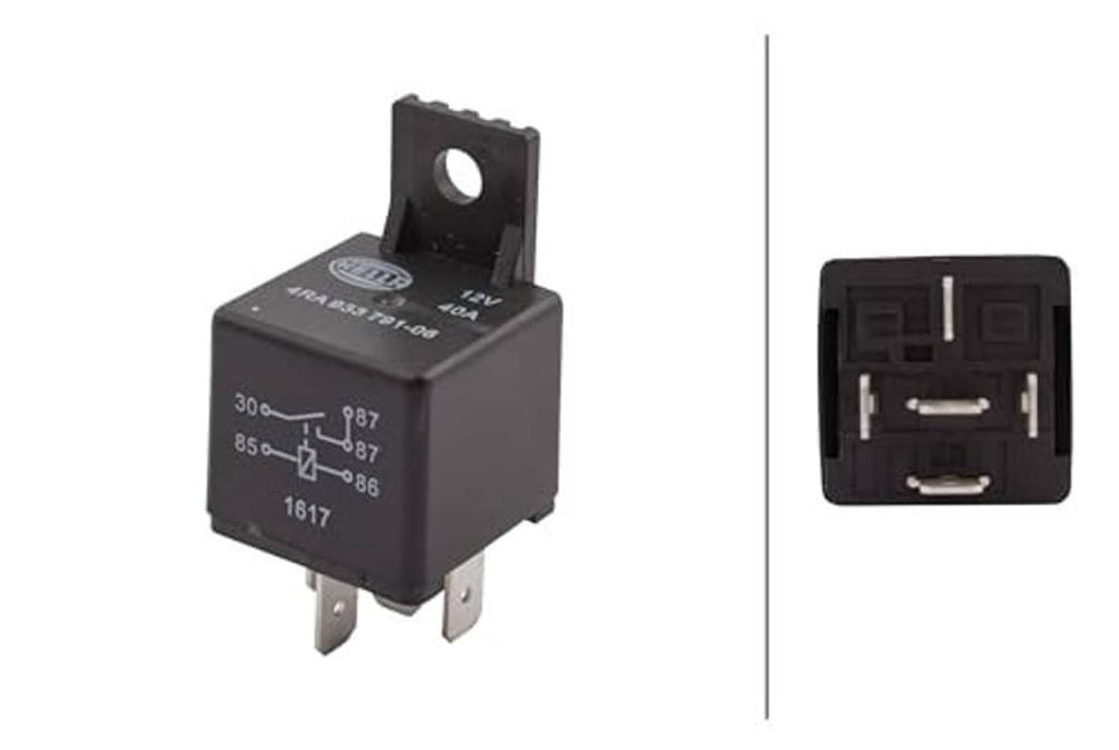 Black 12V mini ISO relay with front view and contact-side view shown together