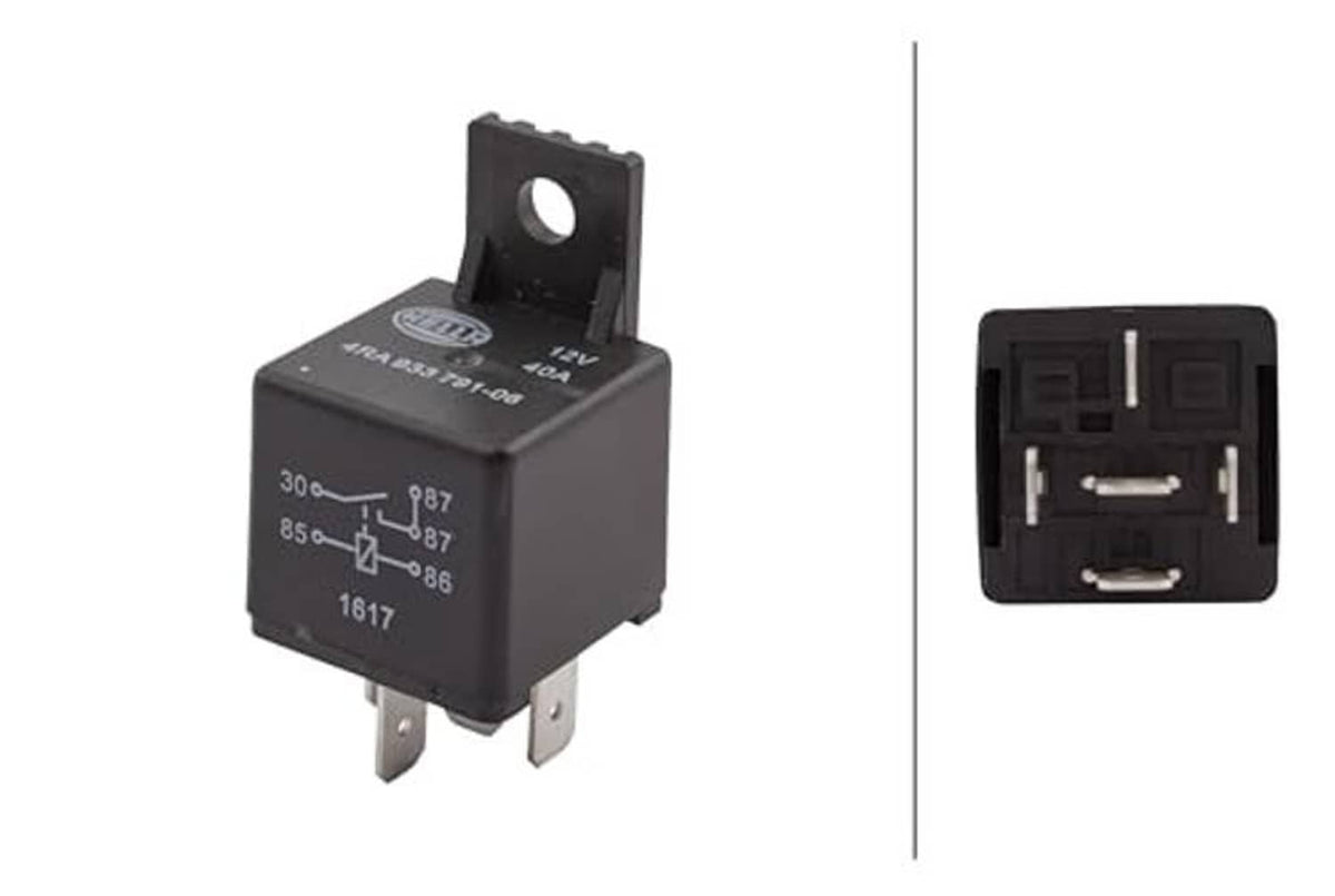 Black 12V mini ISO relay with front view and contact-side view shown together