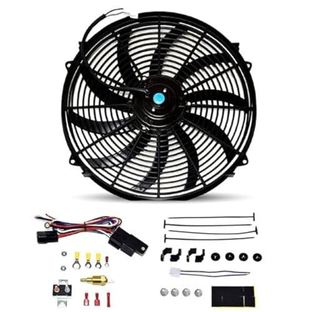 Black electric radiator cooling fan kit with reversible blades and included wiring kit