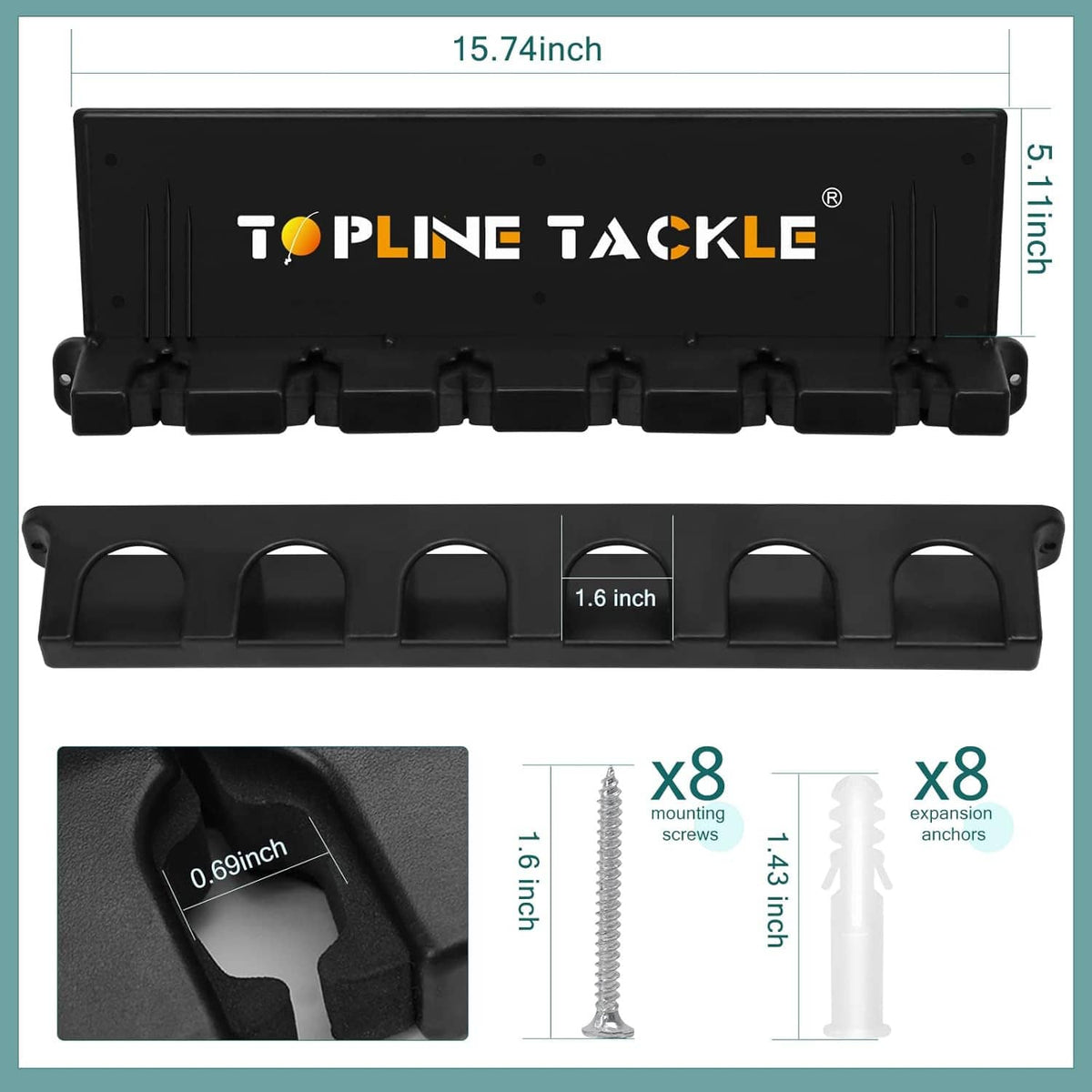 Black vertical fishing rod holder with 15.7-inch base, screw holes, EVA grip insert