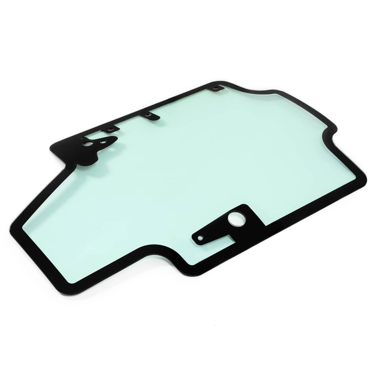 Skid steer door glass panel with black frame and side mounting brackets, light blue tint