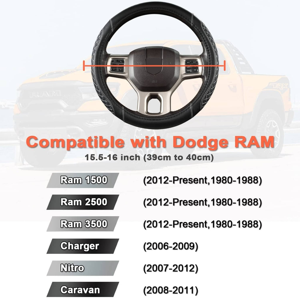Black steering wheel cover, front view with detailed seam lines and compatibility fit size note