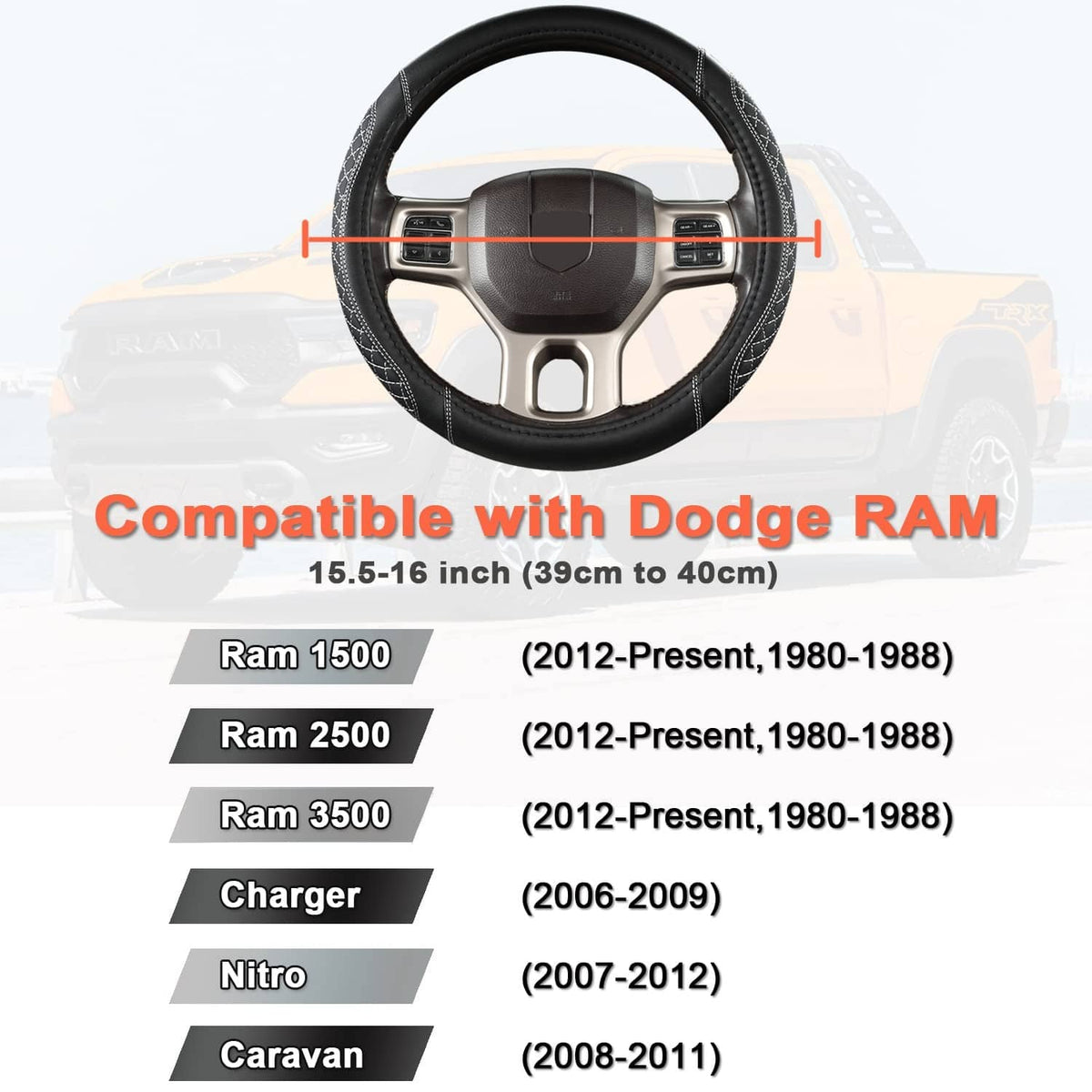 Black steering wheel cover, front view with detailed seam lines and compatibility fit size note