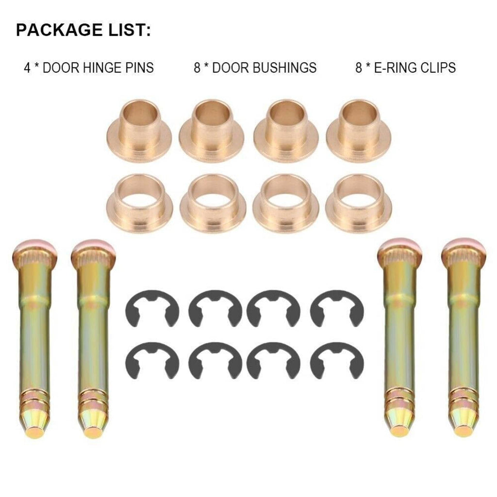 Door hinge bushing kit package layout: brass bushings, hinge pins, and black clips