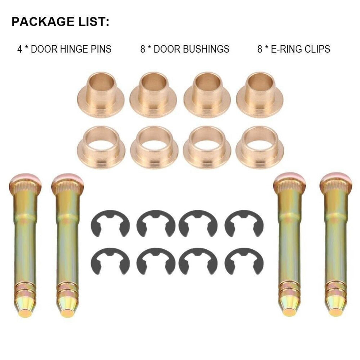 Door hinge bushing kit package layout: brass bushings, hinge pins, and black clips