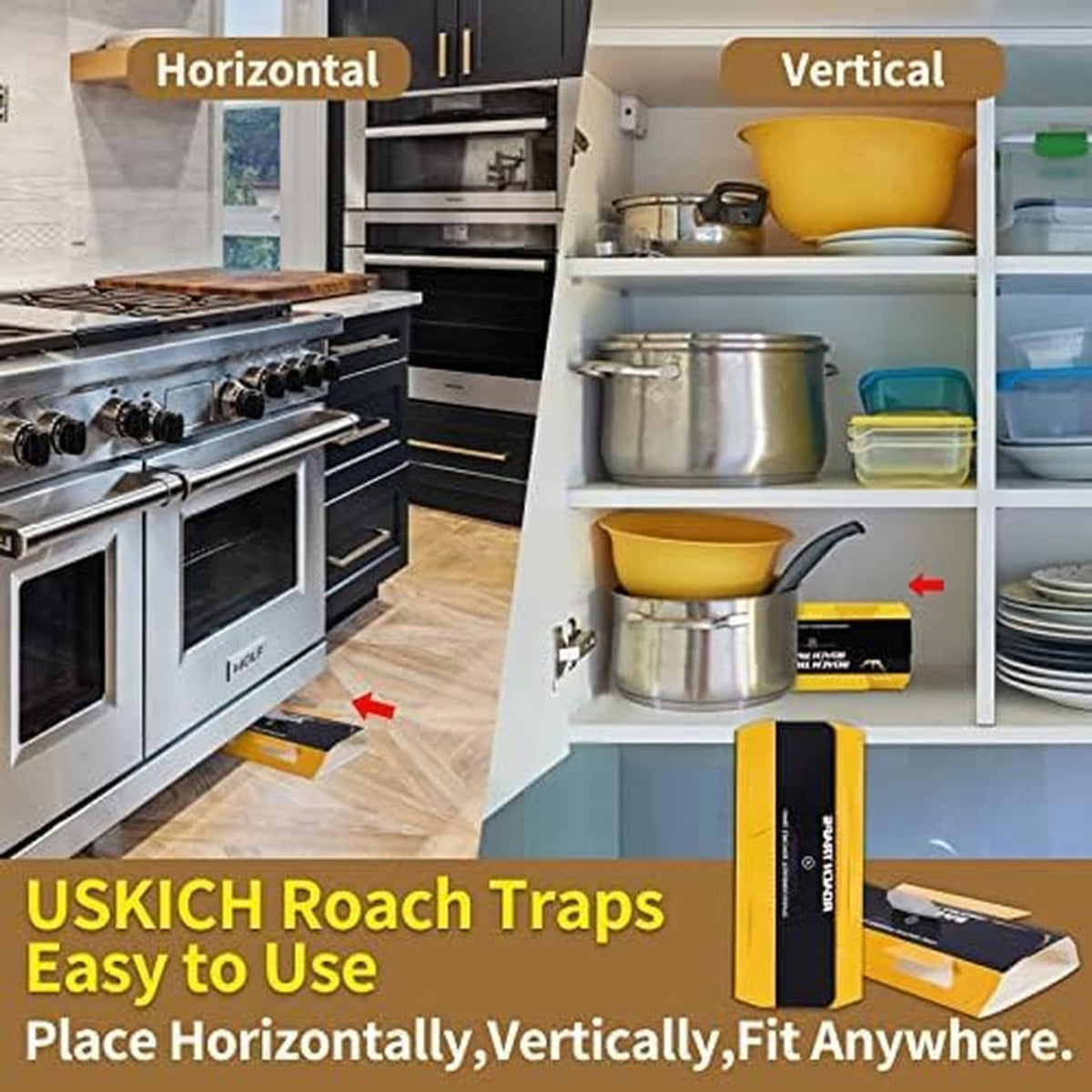 Yellow and black roach traps placed in a kitchen, positioned horizontally and vertically