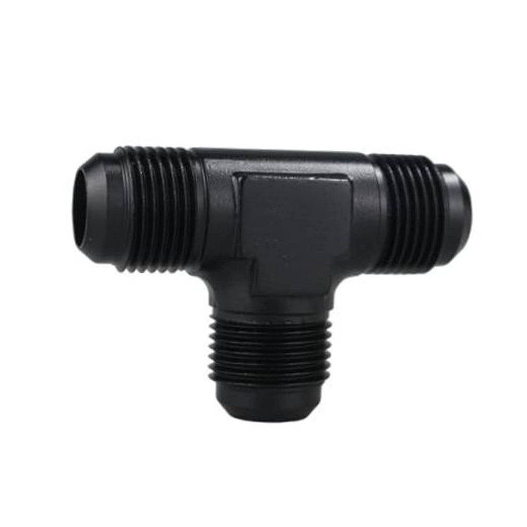 Black AN male tee adapter fitting with three threaded ends, aluminum style.