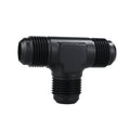 Black AN male tee adapter fitting with three threaded ends, aluminum style.