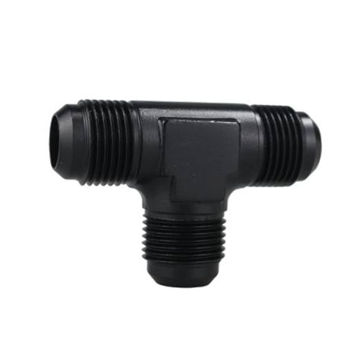 Black AN male tee adapter fitting with three threaded ends, aluminum style.