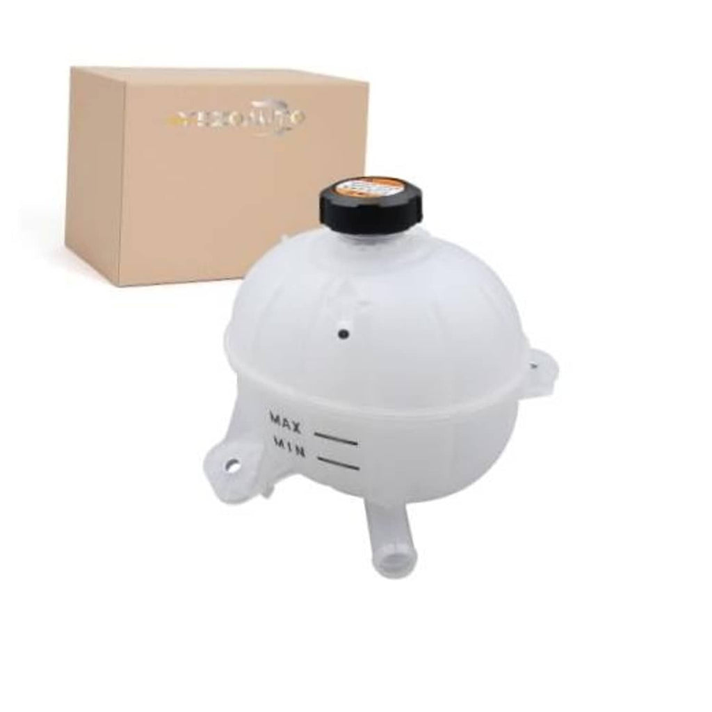 Pressurized coolant reservoir overflow tank with black cap, white plastic with outlet