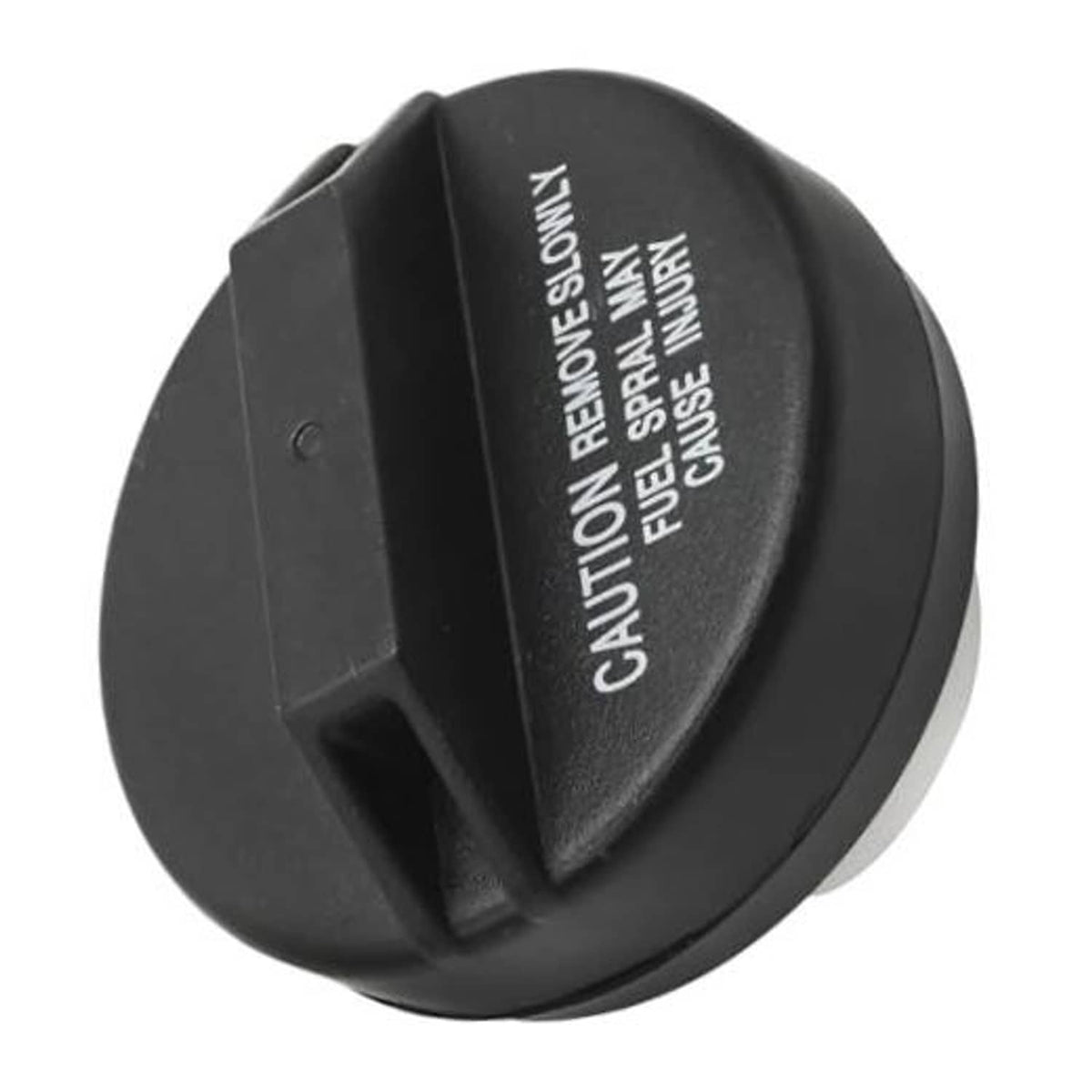 Black fuel tank filler cap with embossed caution and grip latch