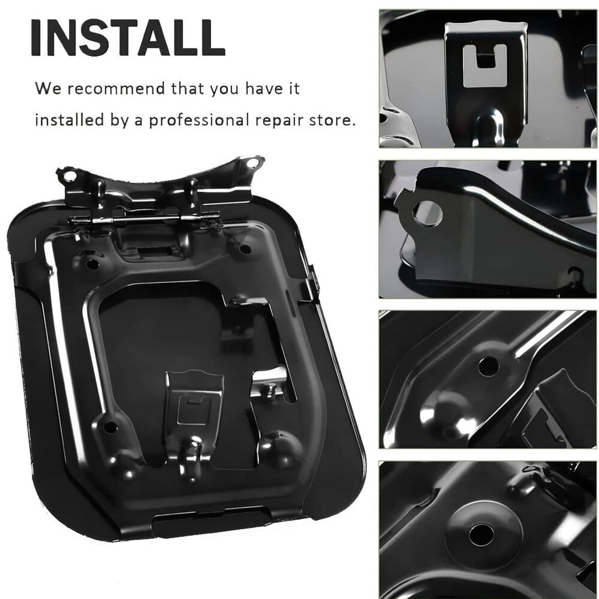 Black fuel door inner housing with molded compartments and mounting hardware