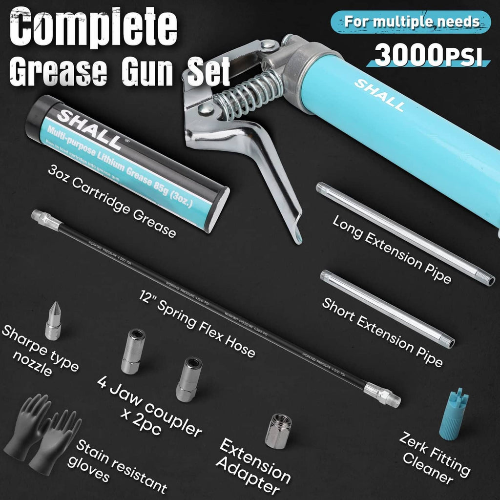 Complete 3000PSI grease gun set with blue handle and extension pipes