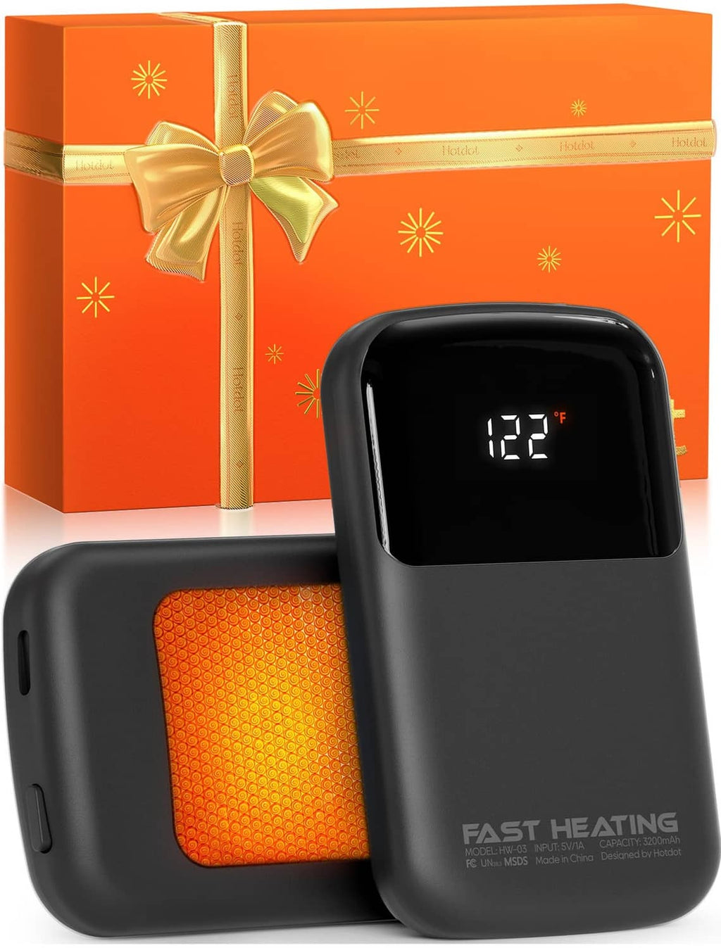Black rechargeable hand warmers with orange heating panel and digital temperature display