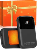 Black rechargeable hand warmers with orange heating panel and digital temperature display