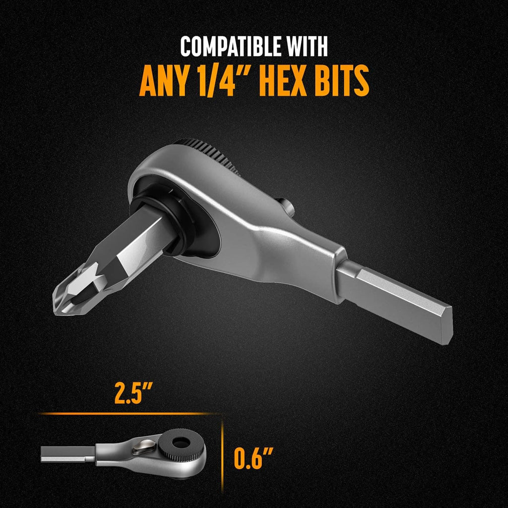Silver-gray bit extender ratchet head with 1/4-inch hex bit drive